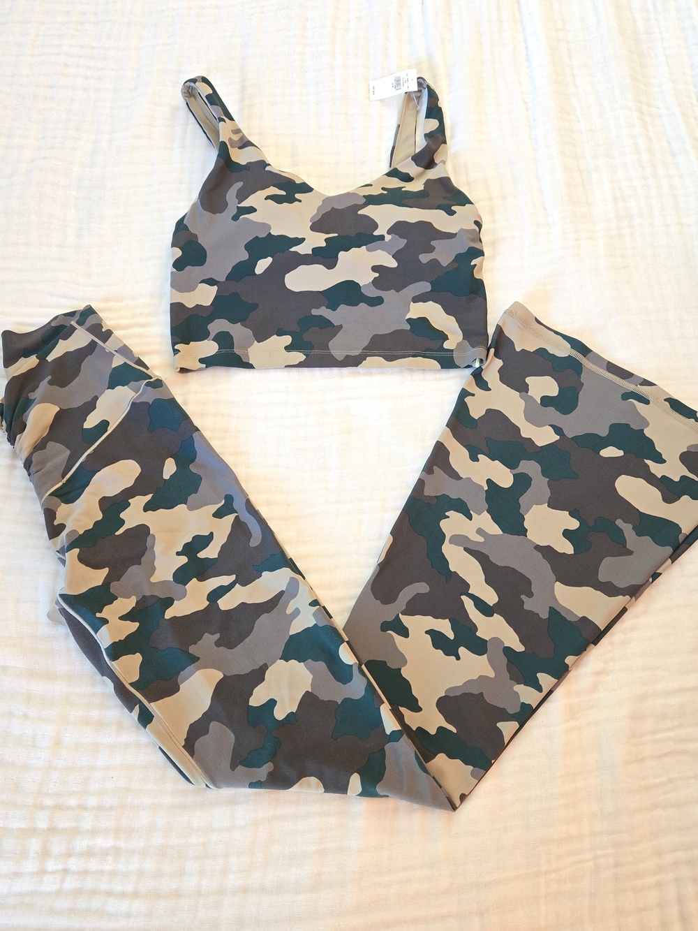 Offline By Aeie Camo Leggings Hi-Rise Flare & Sports Bra Set in M. Green & Tan